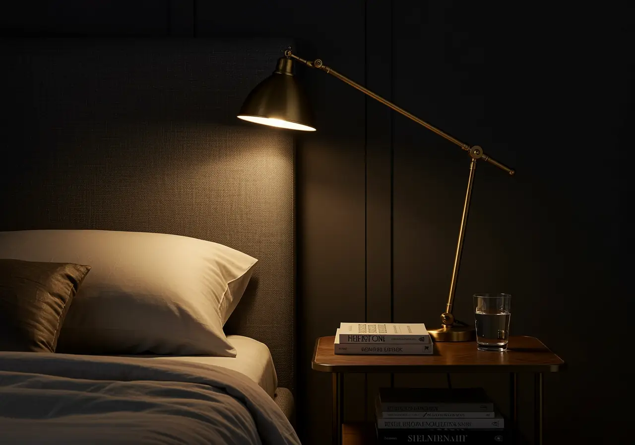 Adjustable brass reading lamp providing focused task lighting beside a modern Manhattan bed.
