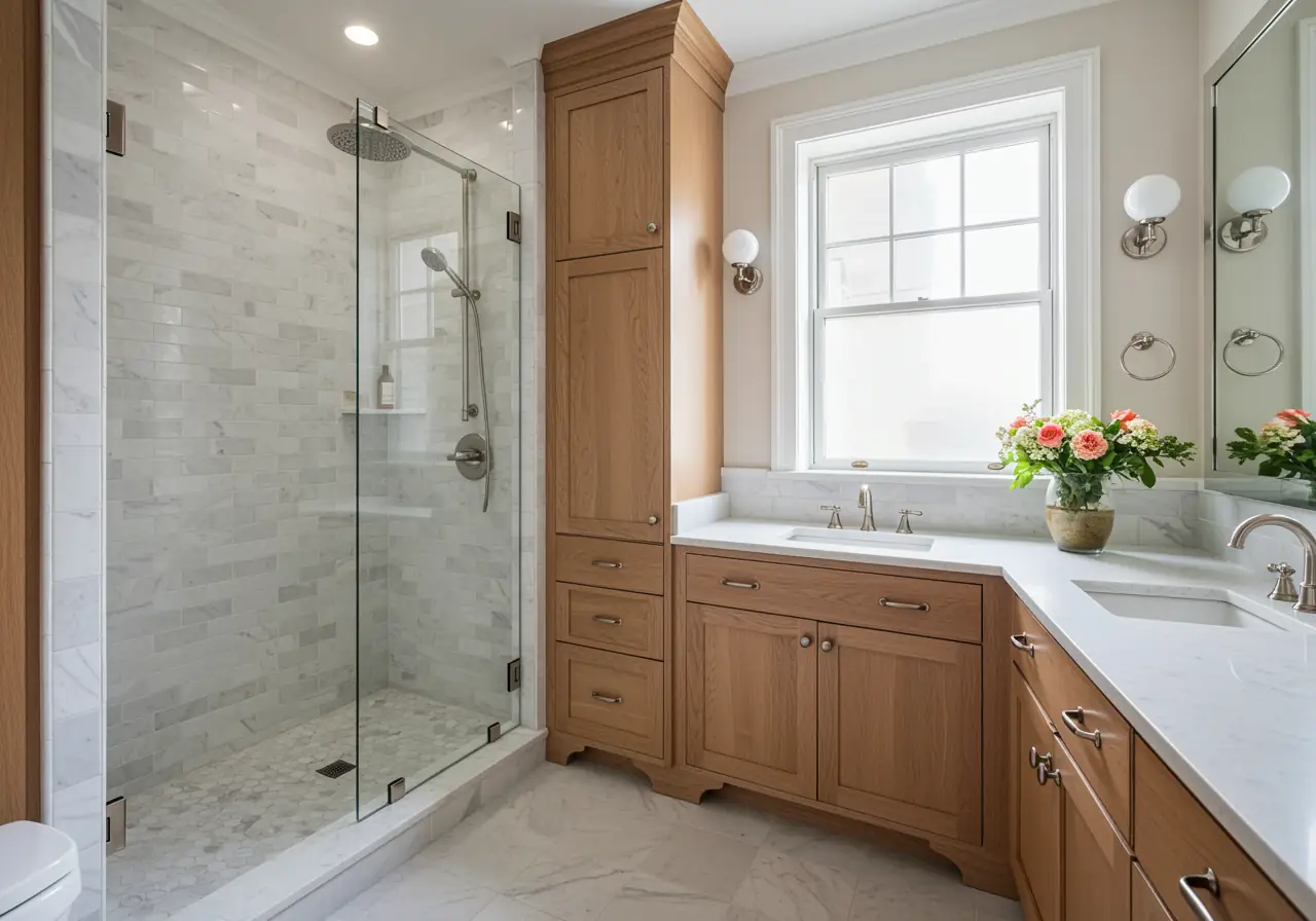 NYC co-op bathroom with walk-in shower, white vanity, and built-in storage.