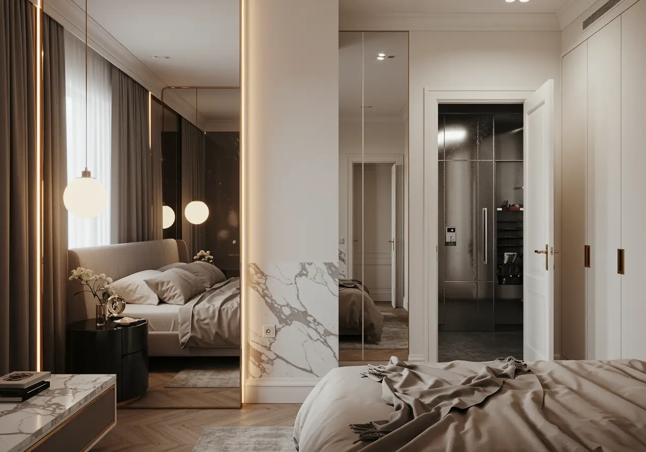 Luxury Manhattan bedroom with a concealed full-height mirror door opening into a fortified panic room.