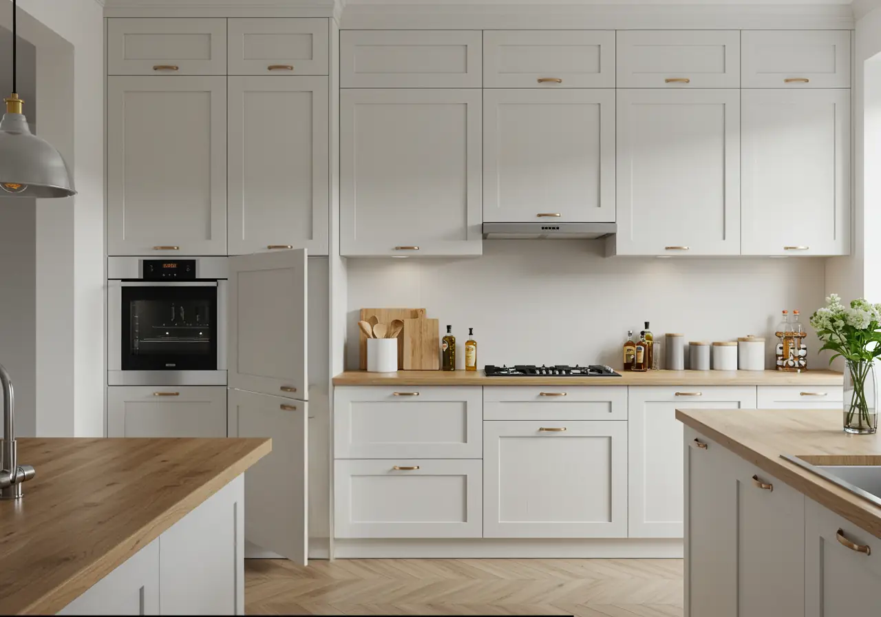 Custom white oak kitchen cabinetry with a concealed hidden door entry in a Manhattan home.