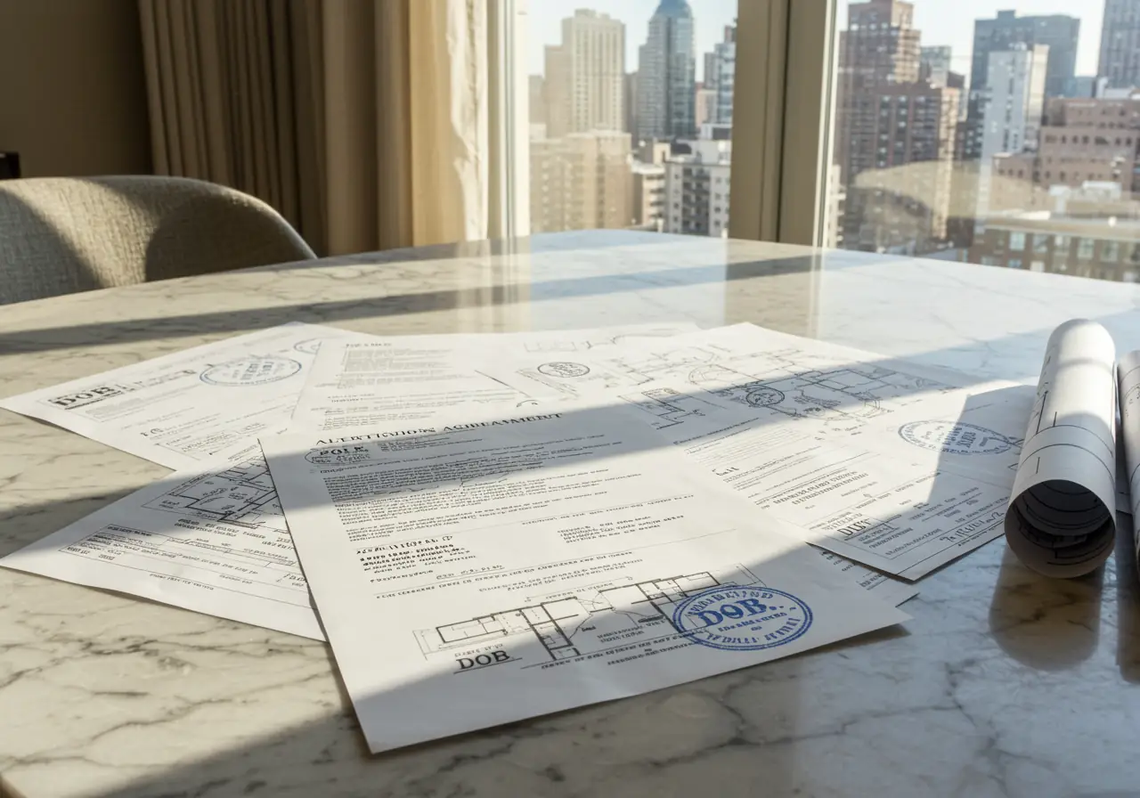 NYC co-op renovation paperwork on a marble kitchen island with architectural drawings and insurance certificates.