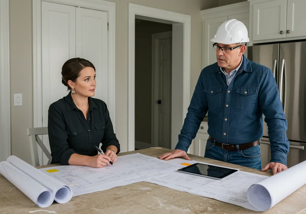 Homeowner and contractor reviewing renovation plans inside an occupied Manhattan apartment.