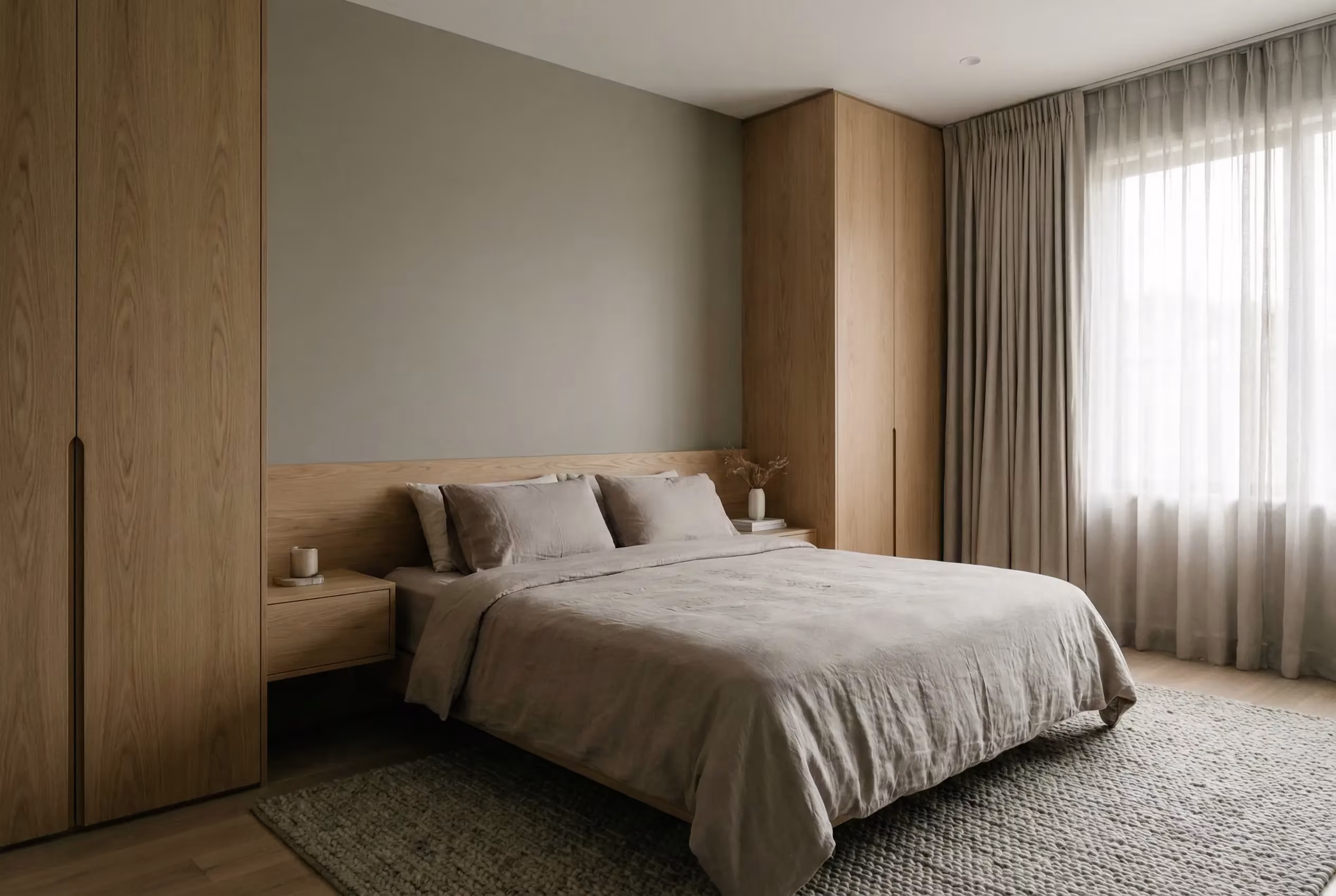 an ultra-realistic photo of a luxury bedroom with matte white oak custom millwork, neutral colors, and soft daylight for a calm, low-glare atmosphere.