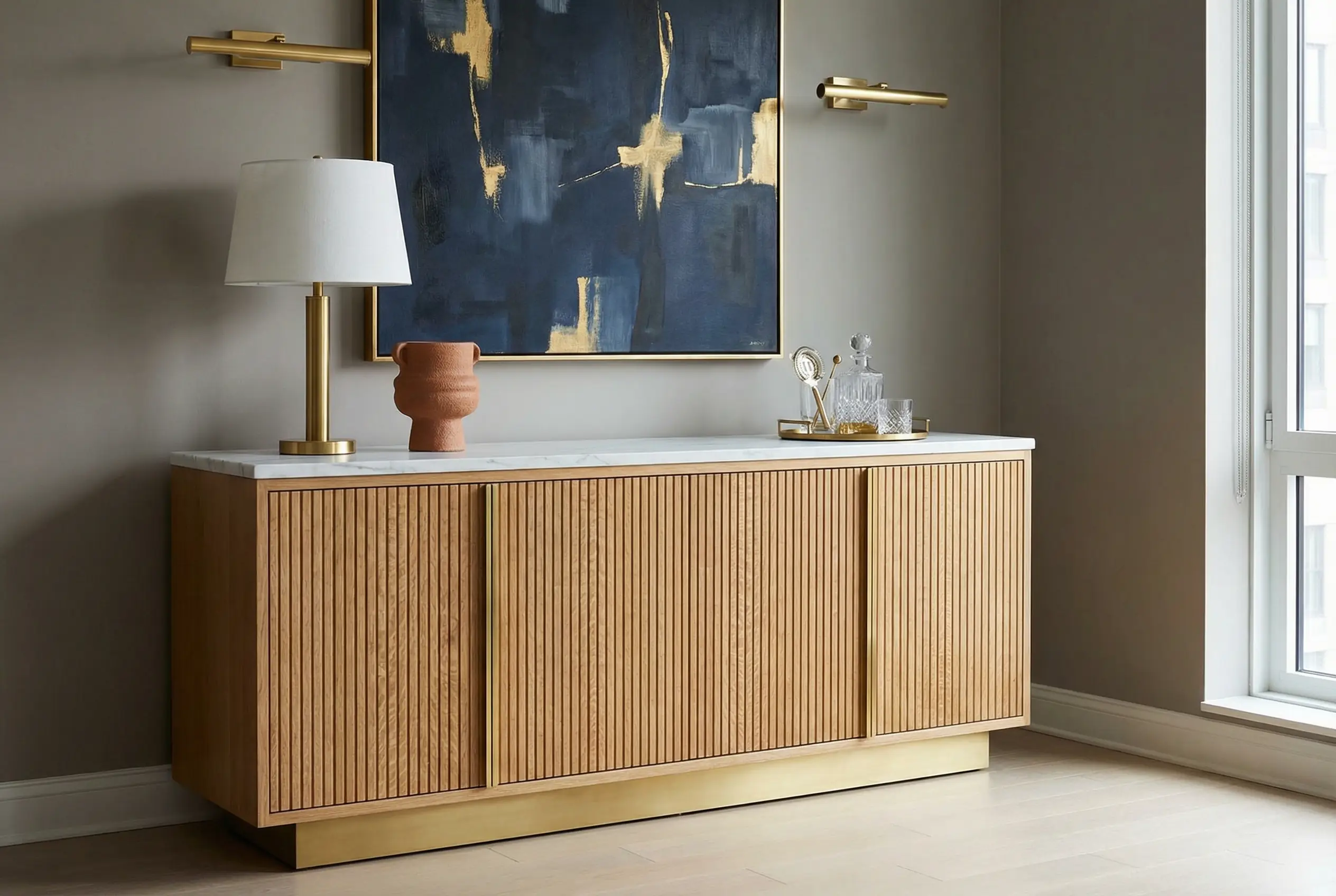 Fluted white oak credenza with brass pulls and marble top, styled with brass lamp and artwork in Manhattan dining room