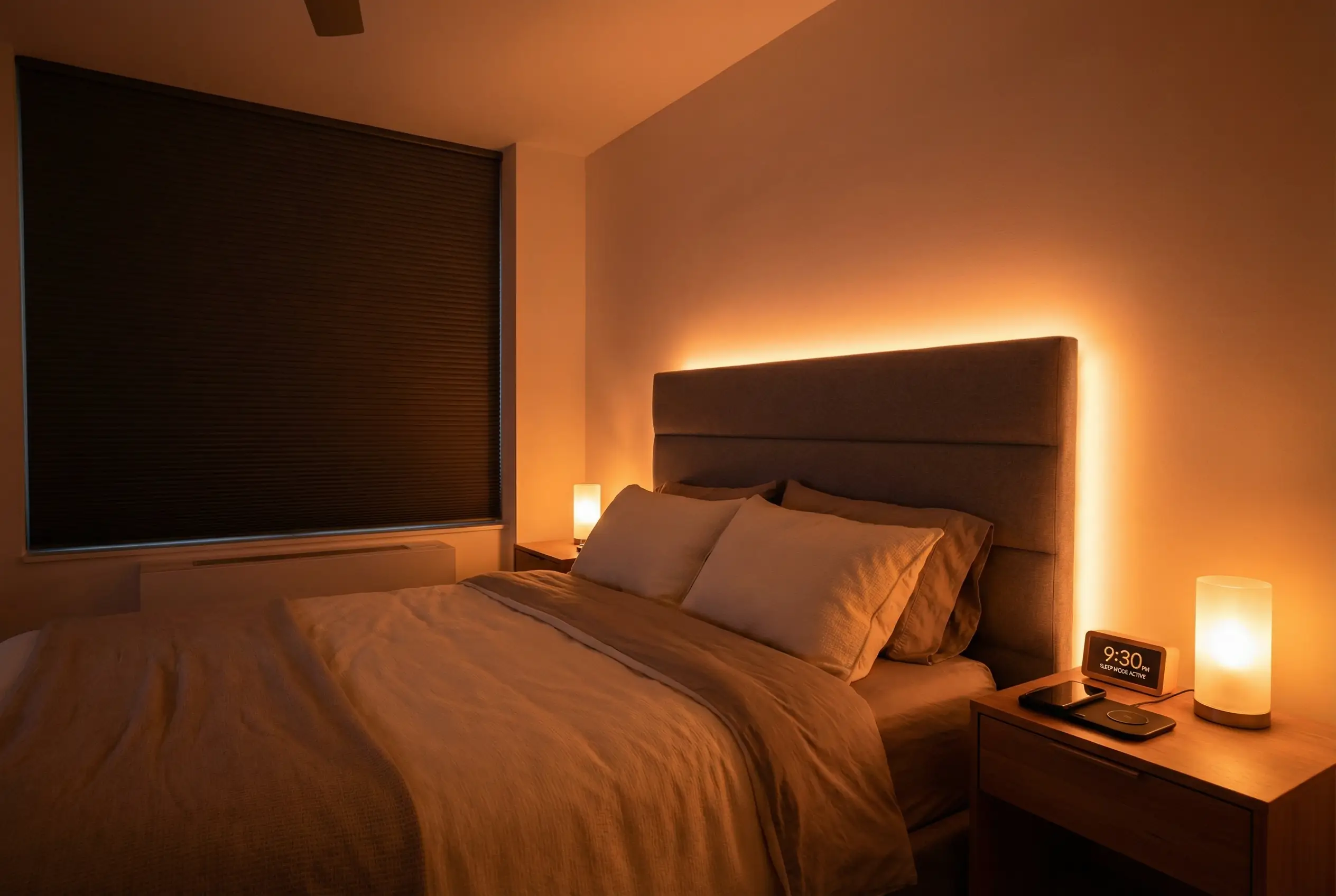 Manhattan bedroom with circadian lighting sunset simulation showing warm amber tones for optimal sleep preparation and melatonin production