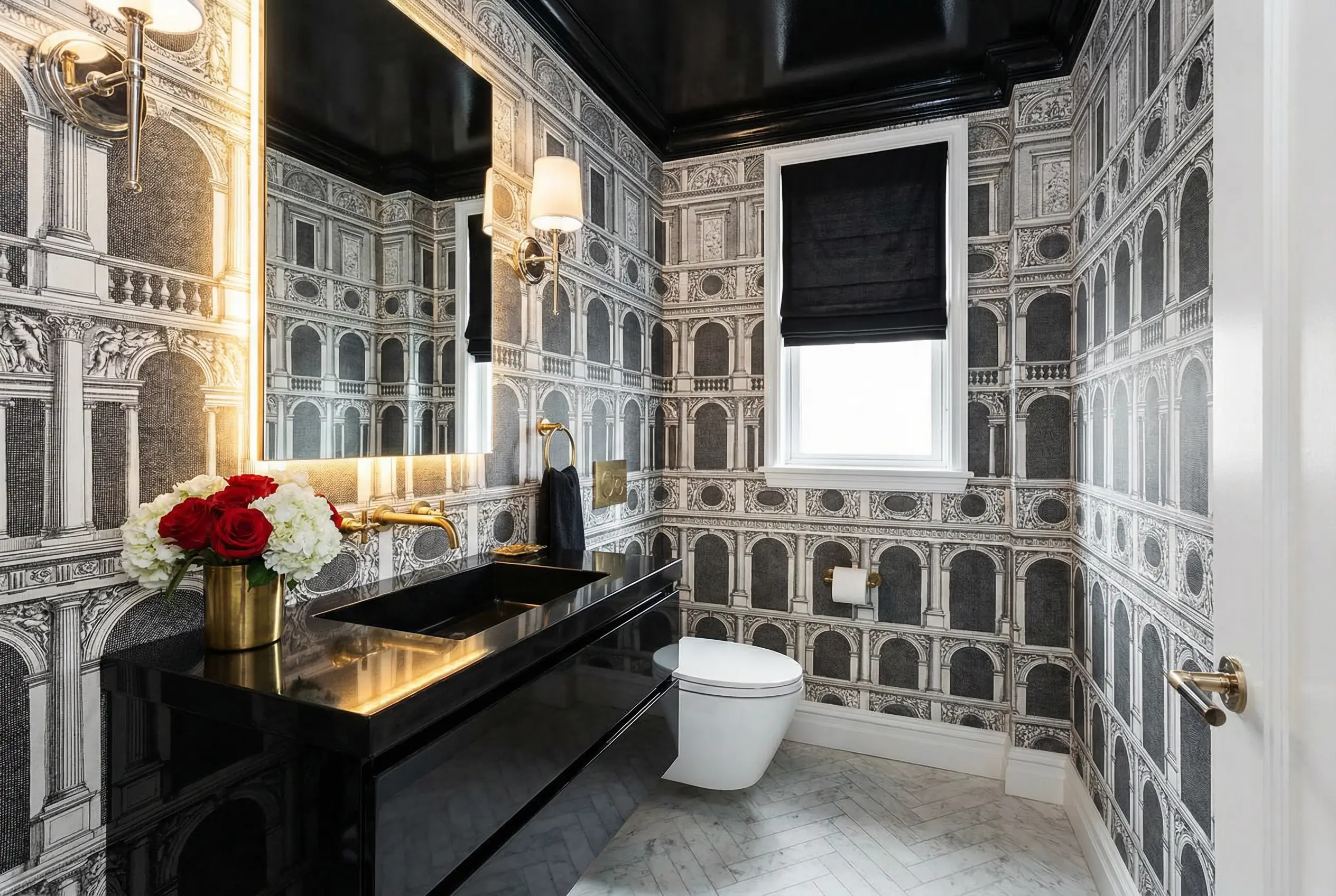 Gramercy Park co-op powder room renovation with dramatic wallpaper and floating vanity after quick board approval