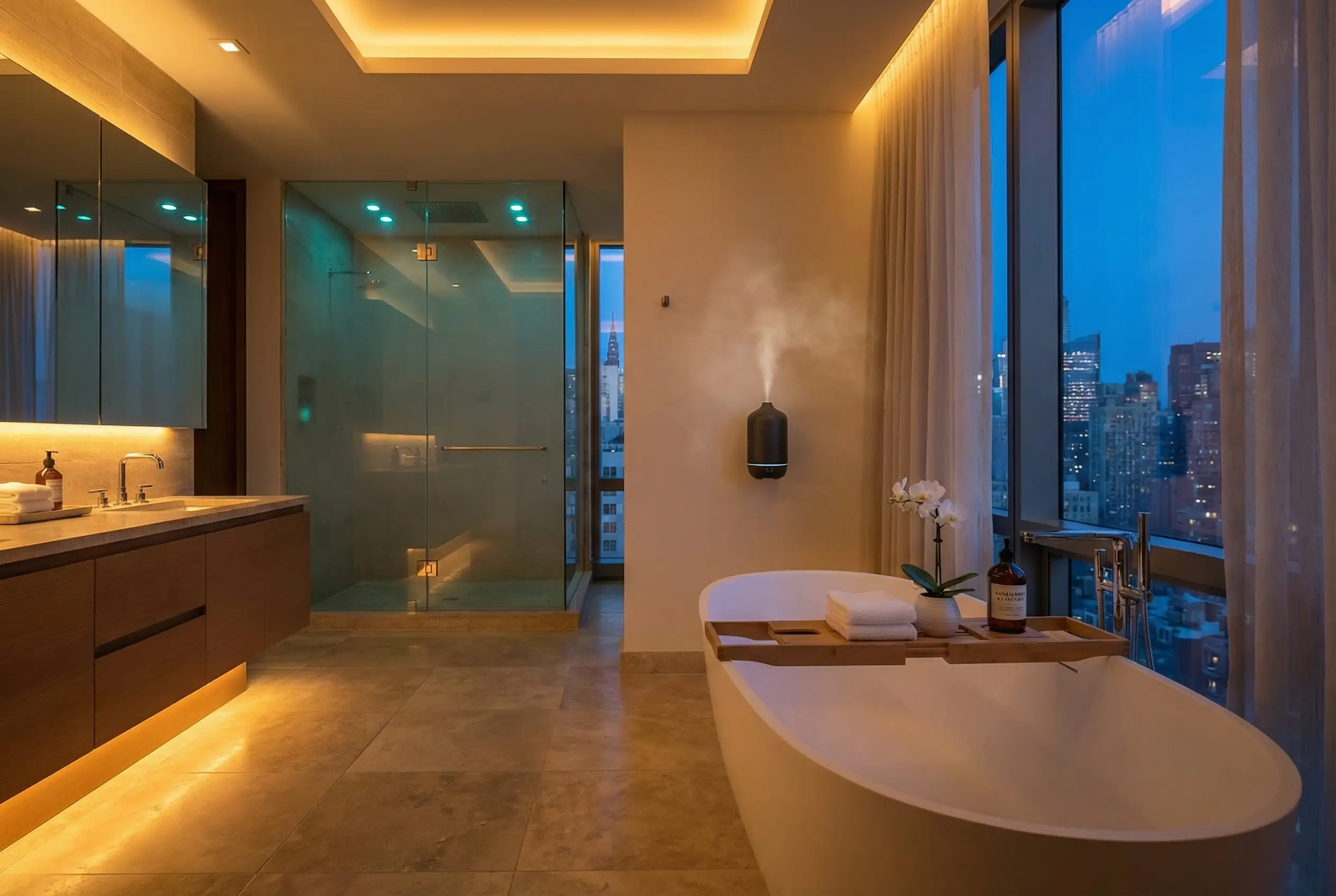 Luxury spa bathroom evening scene with freestanding tub, amber lighting, aromatherapy mist, city views, and steam shower in Manhattan
