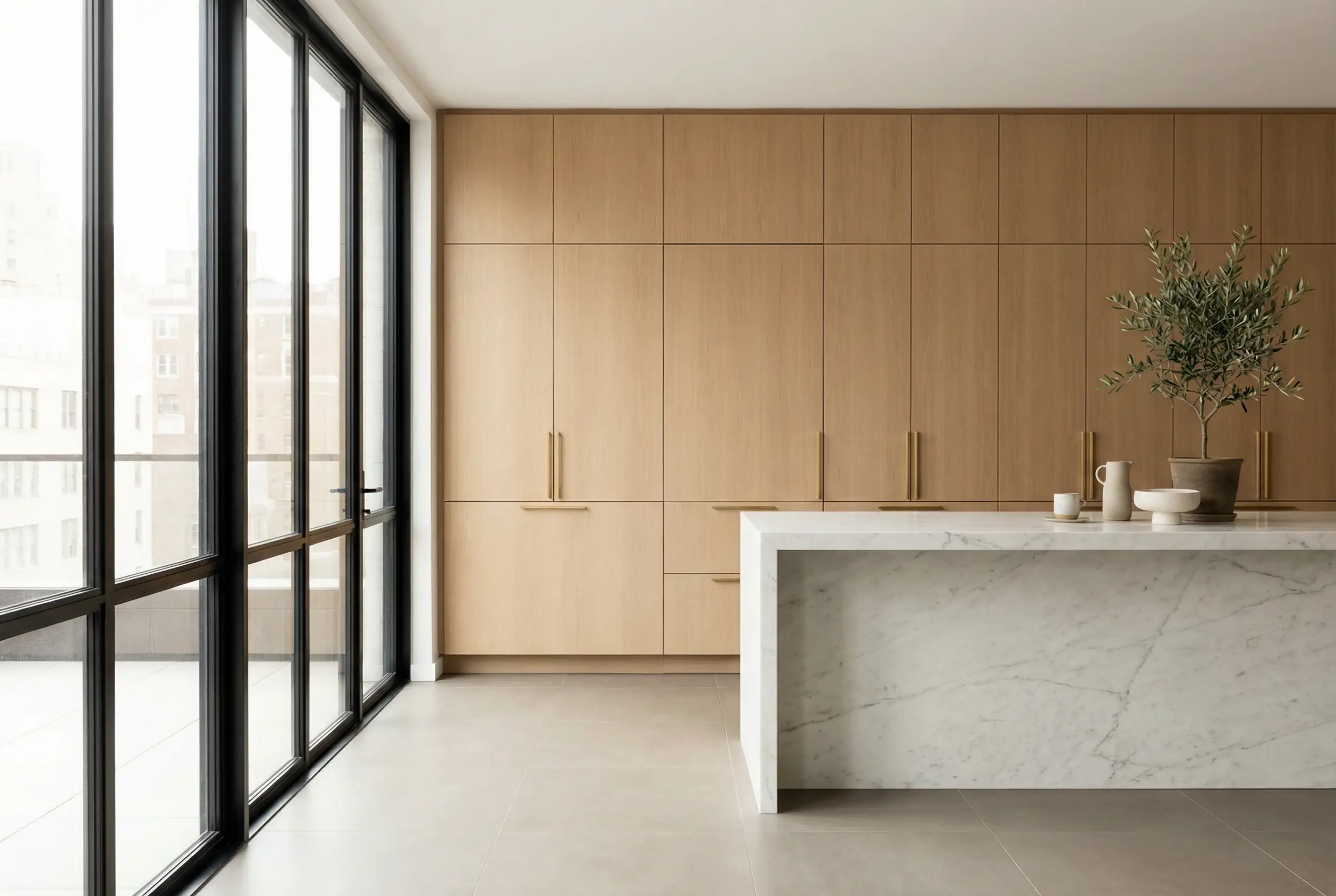 Fully integrated panel-ready kitchen with hidden appliances and custom white oak millwork in a Manhattan apartment