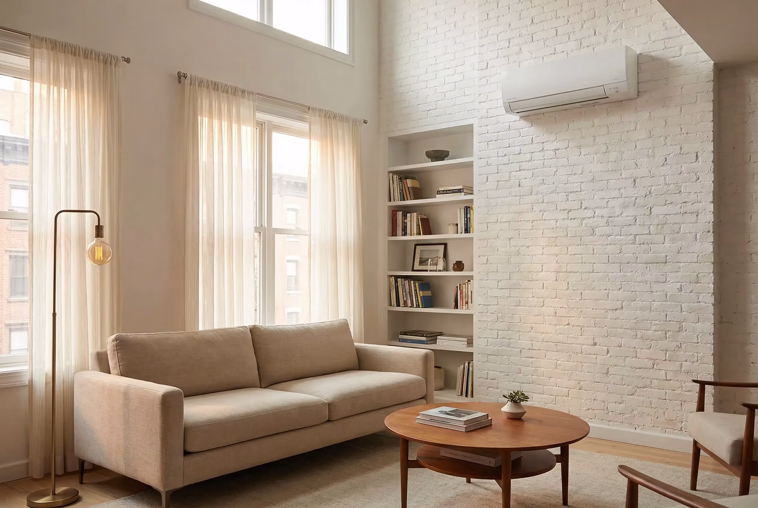 Wall-mounted ductless mini-split heat pump installed in renovated Manhattan townhouse living room