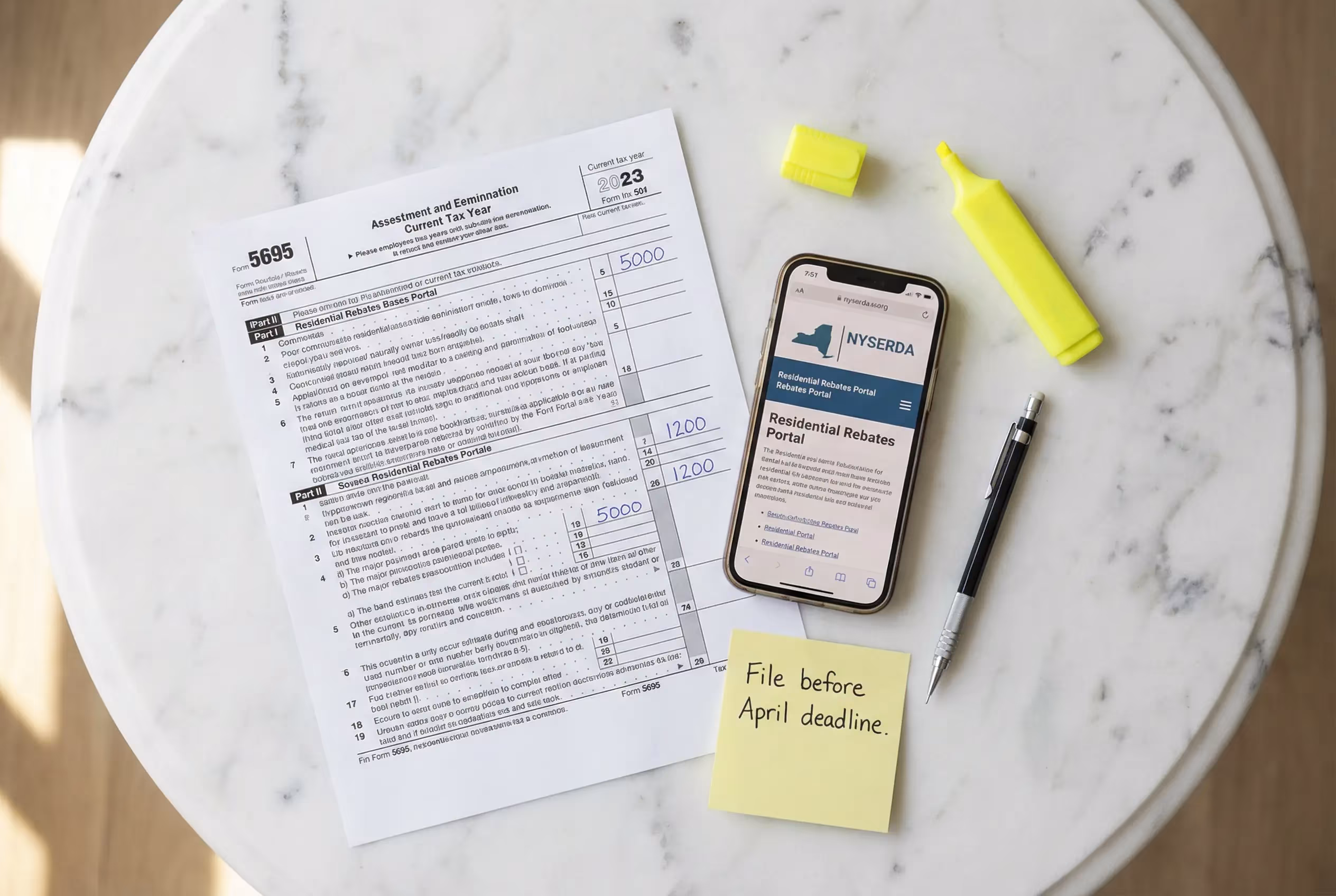 IRS Form 5695 and NYSERDA rebate portal on phone for Manhattan homeowner energy efficiency tax credits 2026