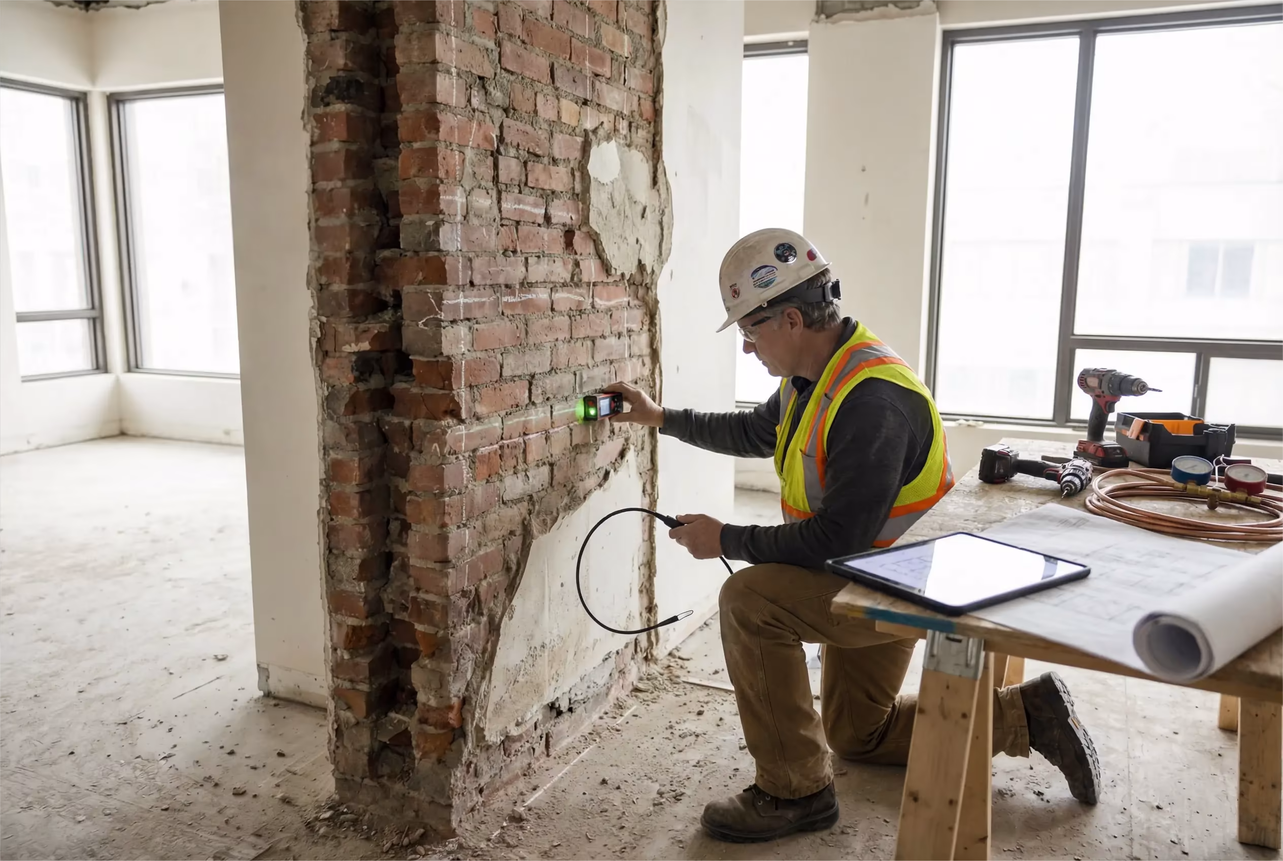 HVAC technician measuring thick masonry wall in pre-war Manhattan building planning custom ductless mini-split installation route
