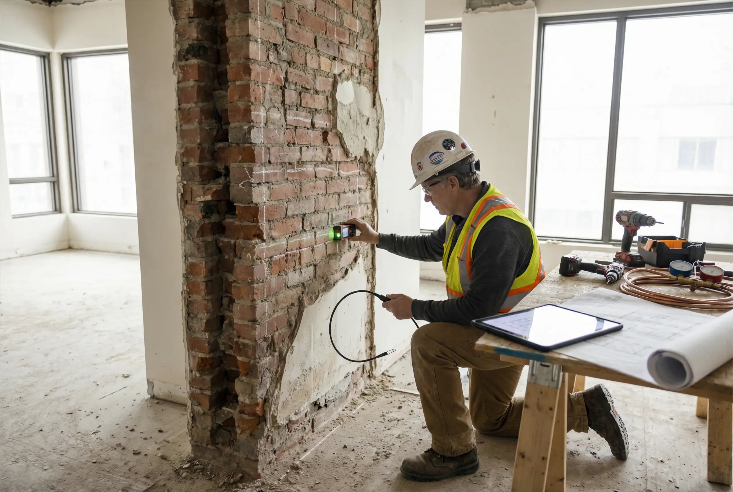 HVAC technician measuring thick masonry wall in pre-war Manhattan building planning custom ductless mini-split installation route