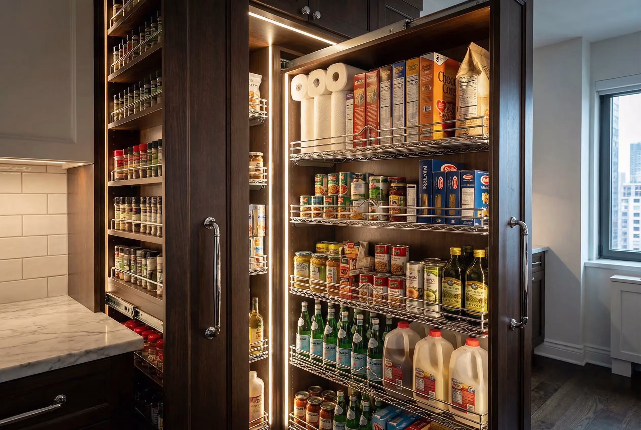 Custom floor-to-ceiling pull-out pantry system with chrome shelving in narrow Manhattan kitchen space