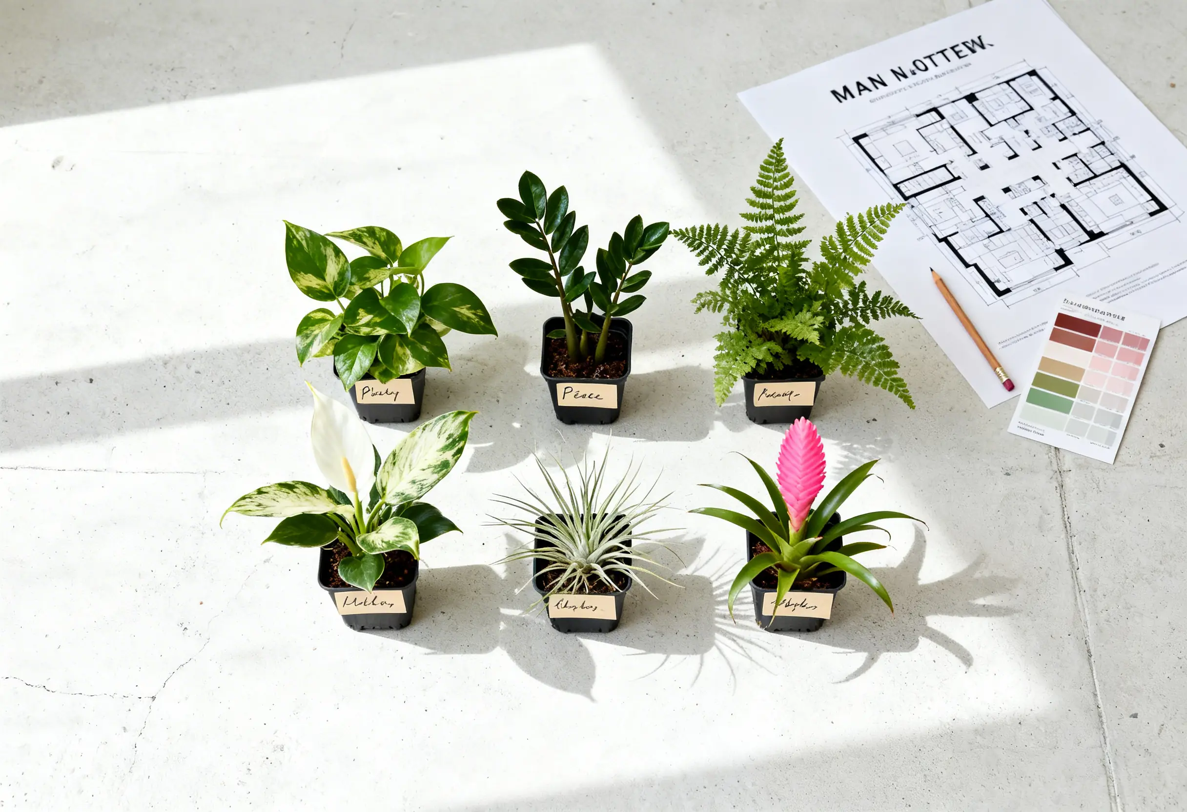 Flat lay of living wall plant selection including pothos ferns peace lily and air plants for NYC apartment installation