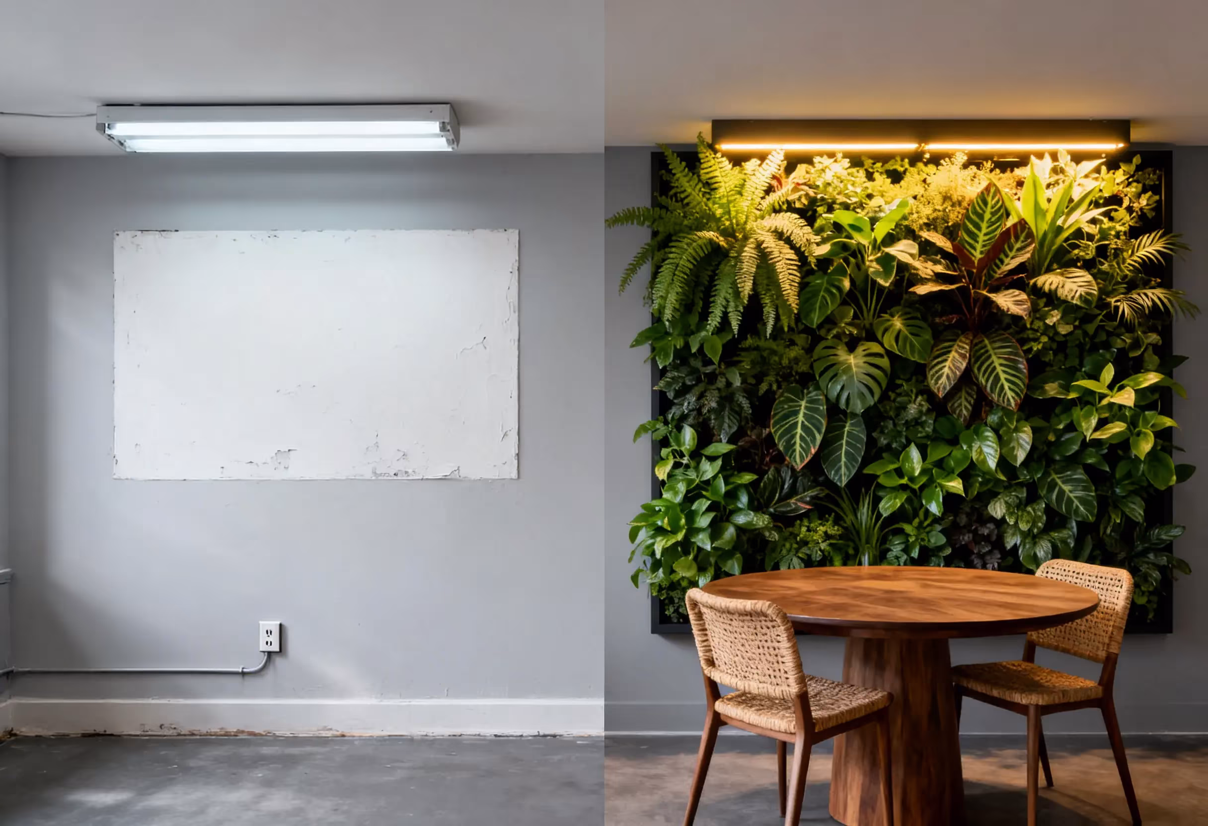 Before and after biophilic living wall installation NYC Manhattan apartment dining room green wall transformation
