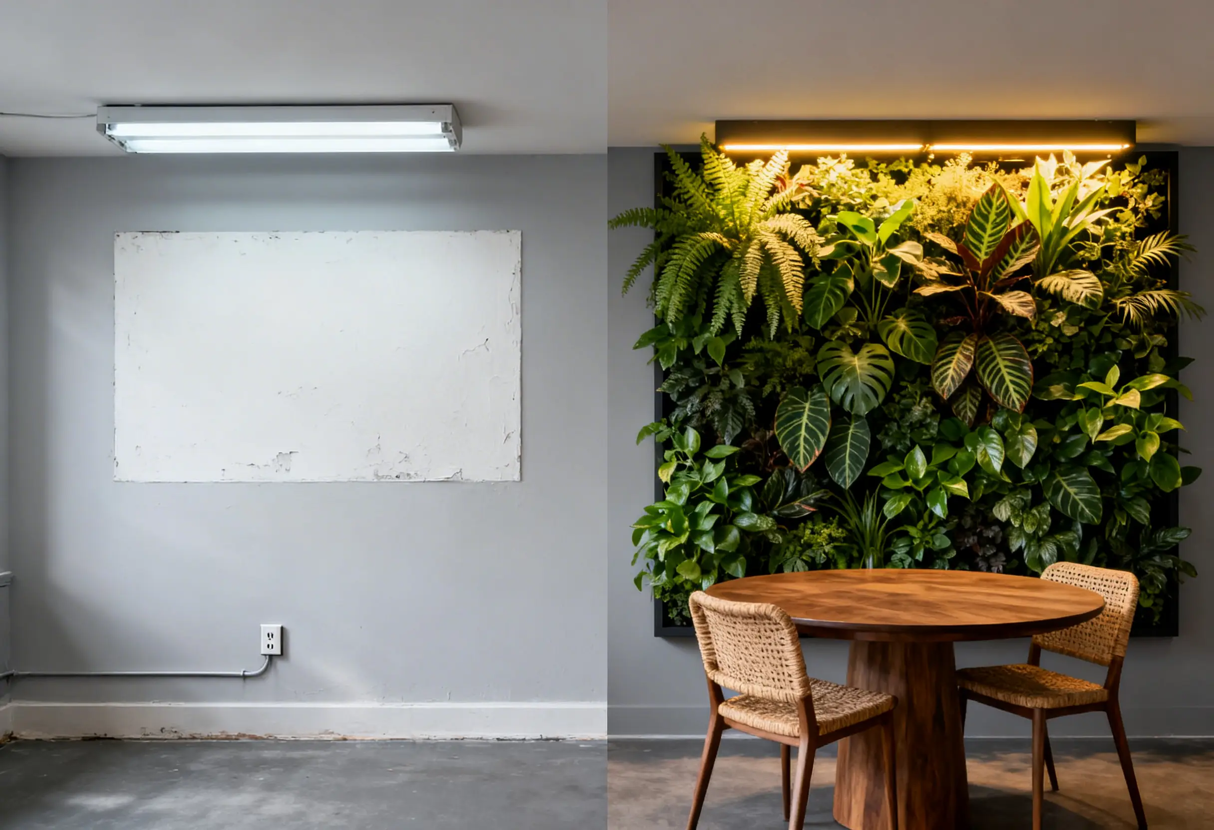 Before and after biophilic living wall installation NYC Manhattan apartment dining room green wall transformation