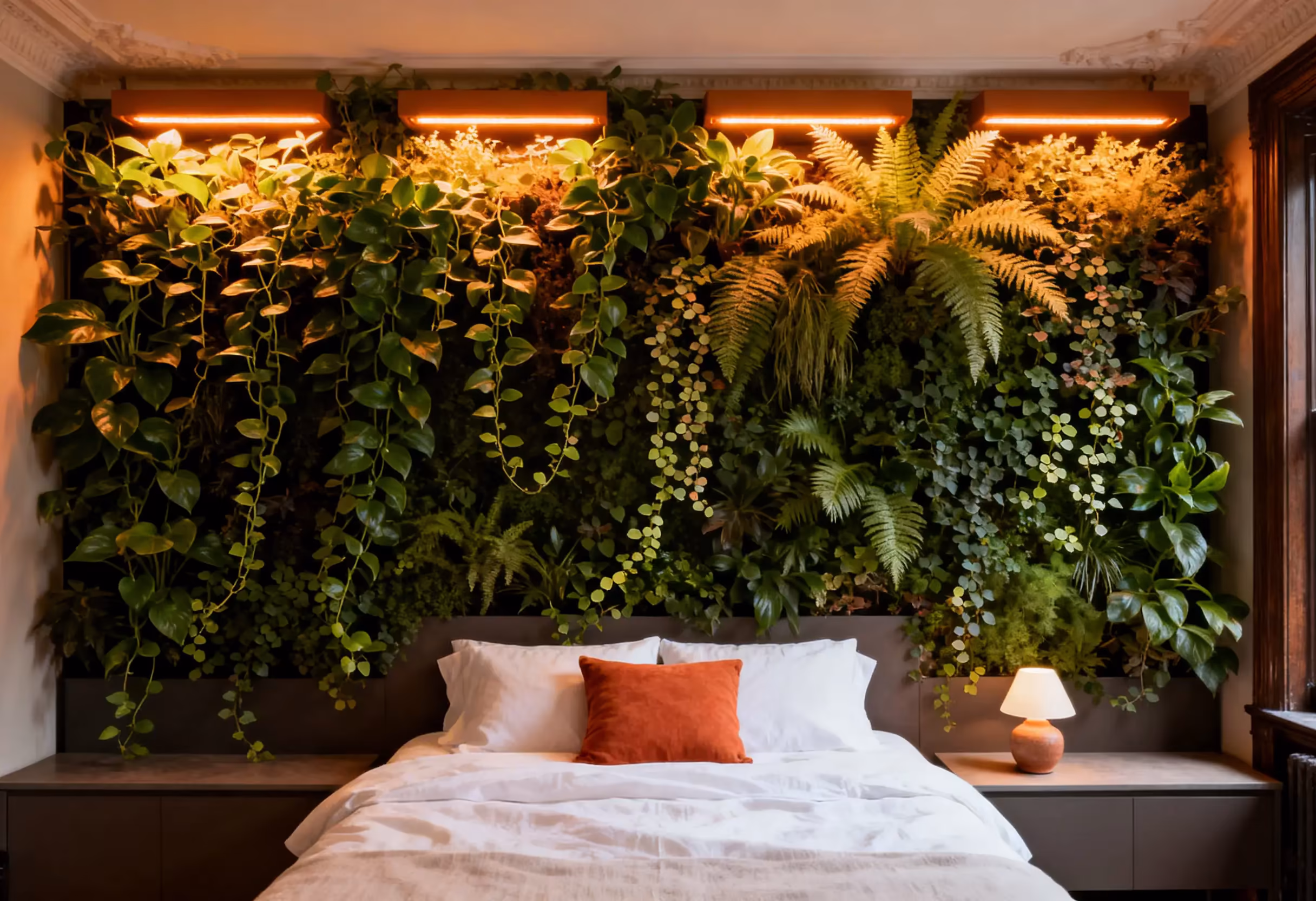 Living wall headboard feature wall in Manhattan apartment bedroom with pothos ferns and warm grow lighting