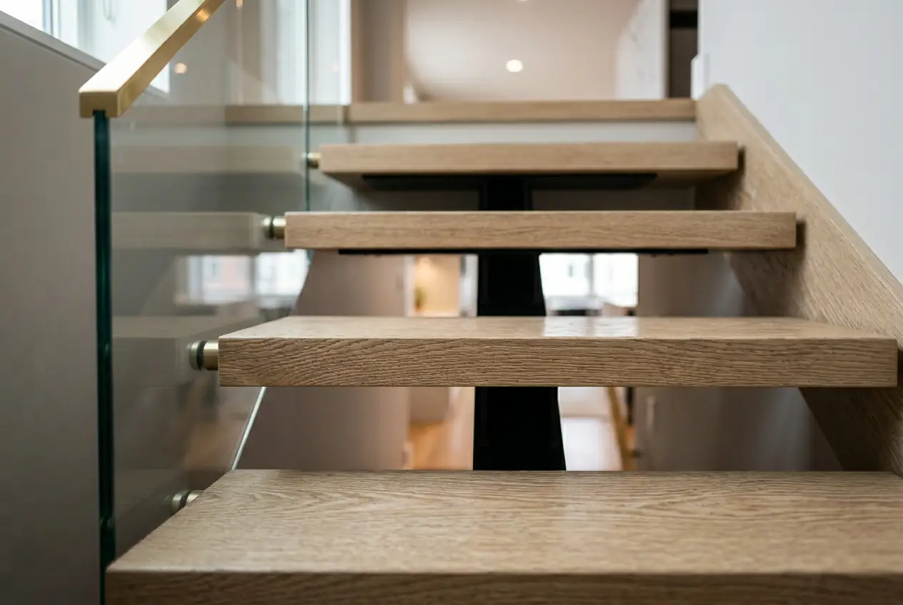 Custom staircase installation Manhattan completed detail wire-brushed white oak tread blackened steel railing luxury duplex