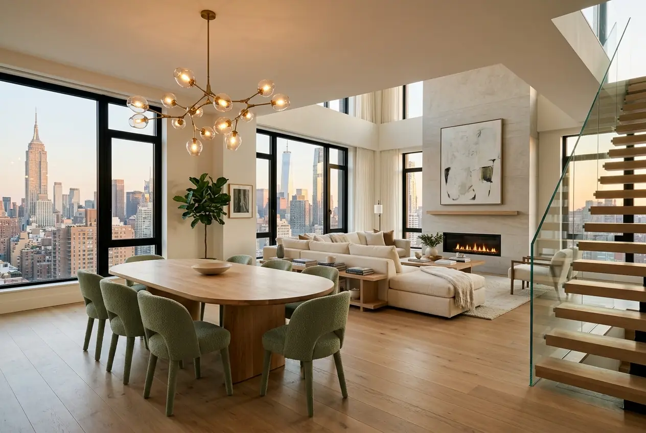 Completed lower floor luxury duplex Manhattan open plan living dining room renovation NYC custom millwork fireplace