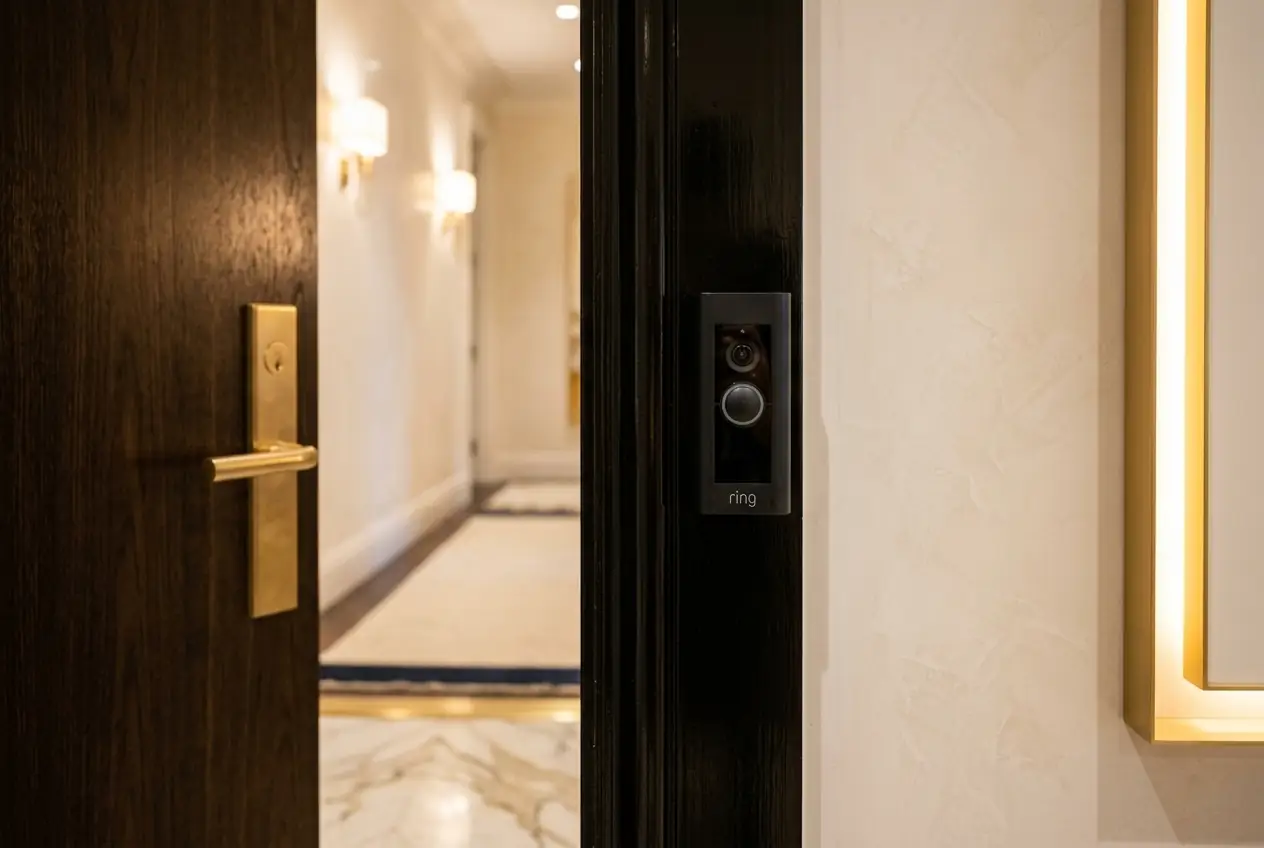 Ring Battery Doorbell Pro mounted on custom walnut door frame in ultra-luxury Manhattan co-op entrance