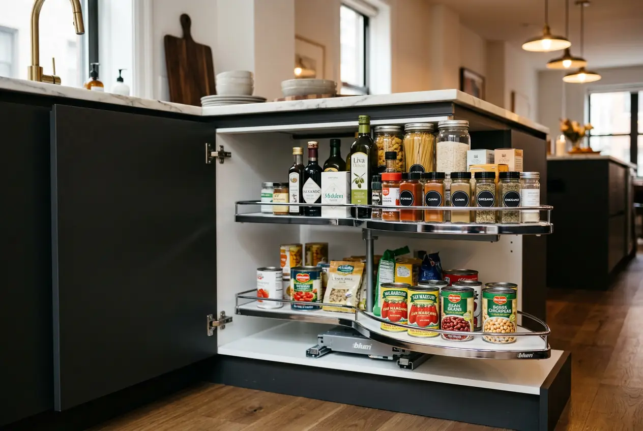 Open European frameless corner cabinet showing Le Mans carousel pull-out storage system with Blum hardware in Manhattan luxury kitchen.
