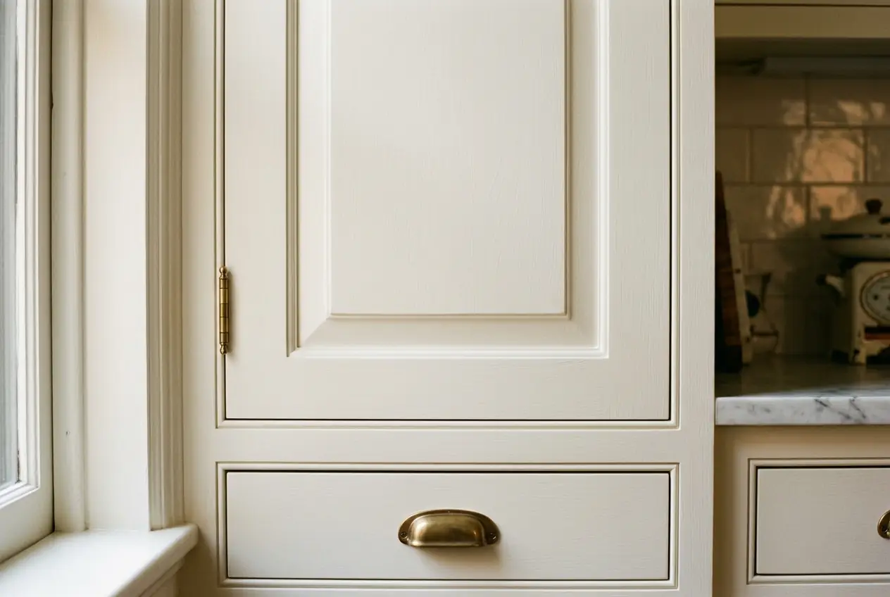 Close-up of American face-frame kitchen cabinet with inset door in hand-painted white finish and exposed brass cup hinges in Manhattan luxury kitchen.