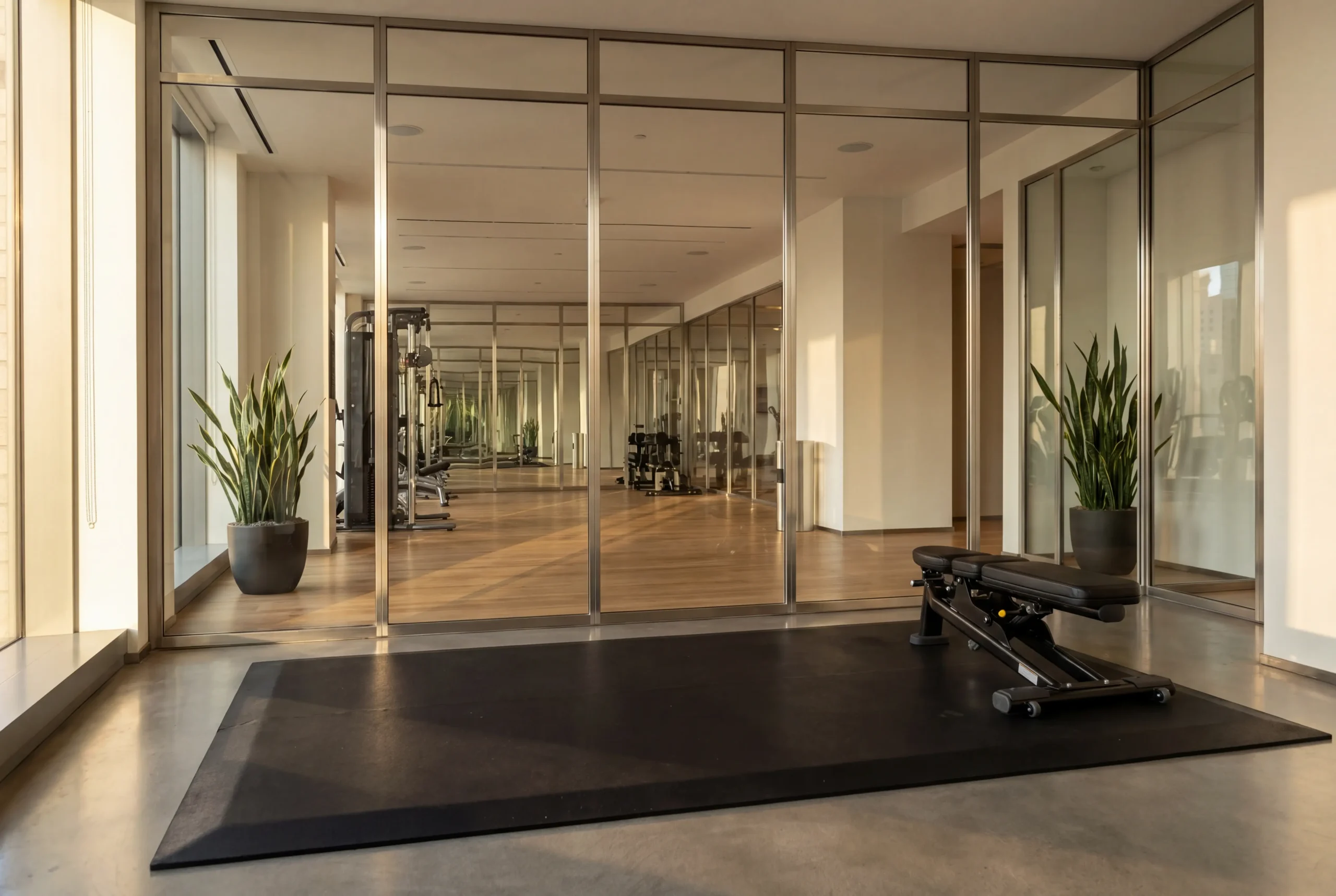 home gym mirror wall luxury apartment nyc floor to ceiling