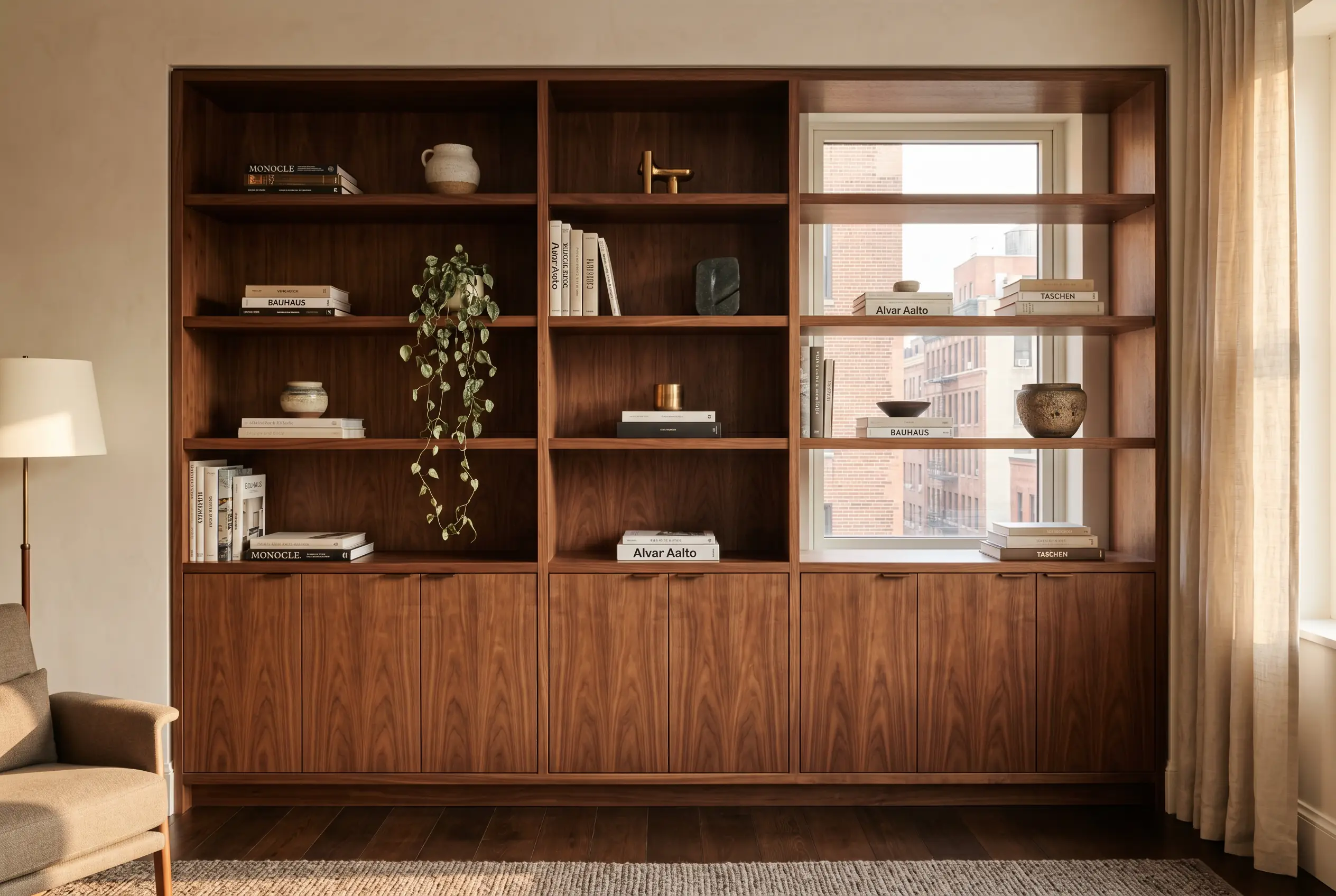 fsc certified walnut built-in shelving manhattan luxury apartment living room