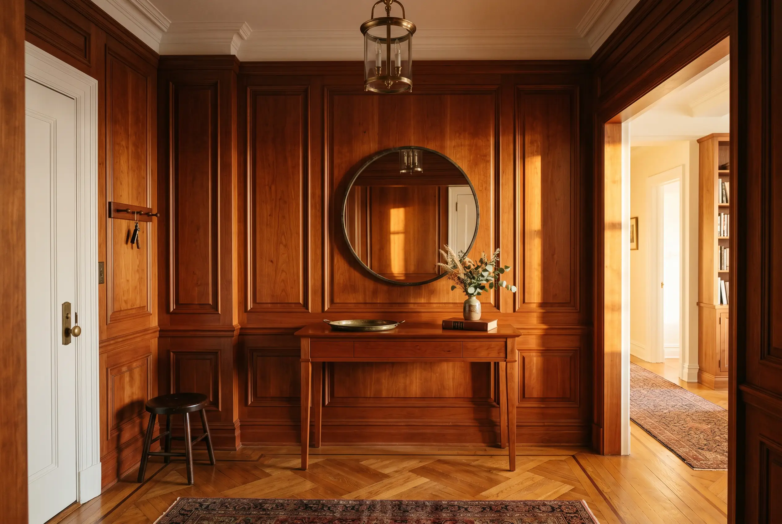 fsc certified cherry wood paneling manhattan apartment foyer renovation millwork
