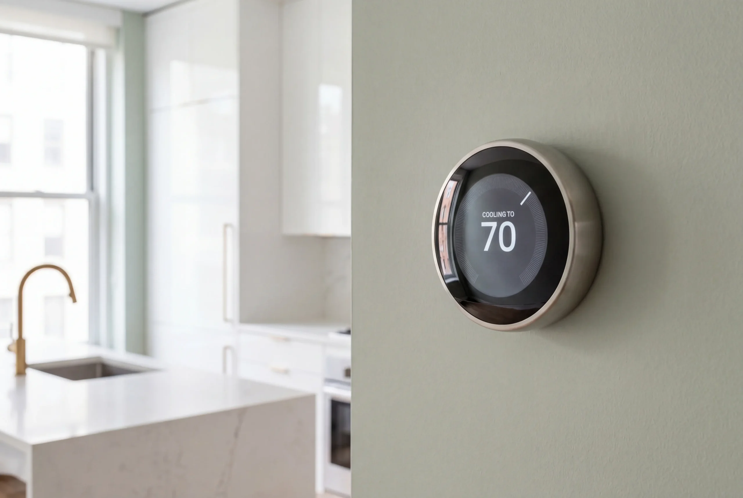 google nest smart thermostat white kitchen manhattan luxury apartment quartz countertop