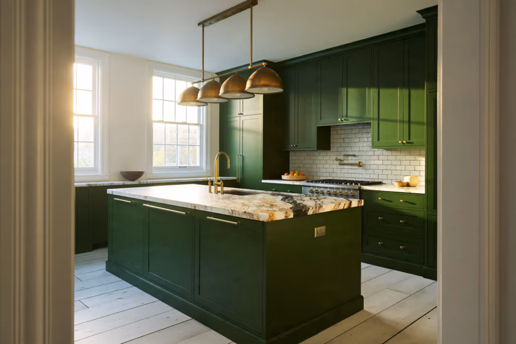 deep green kitchen manhattan apartment custom millwork calacatta marble