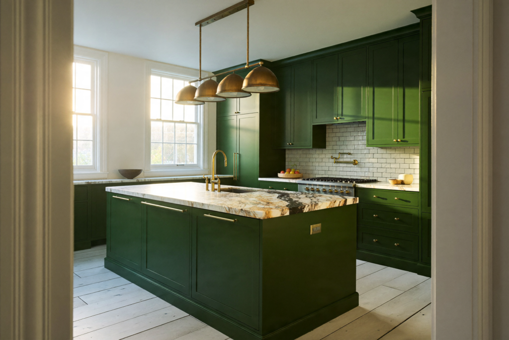 deep green kitchen manhattan apartment custom millwork calacatta marble