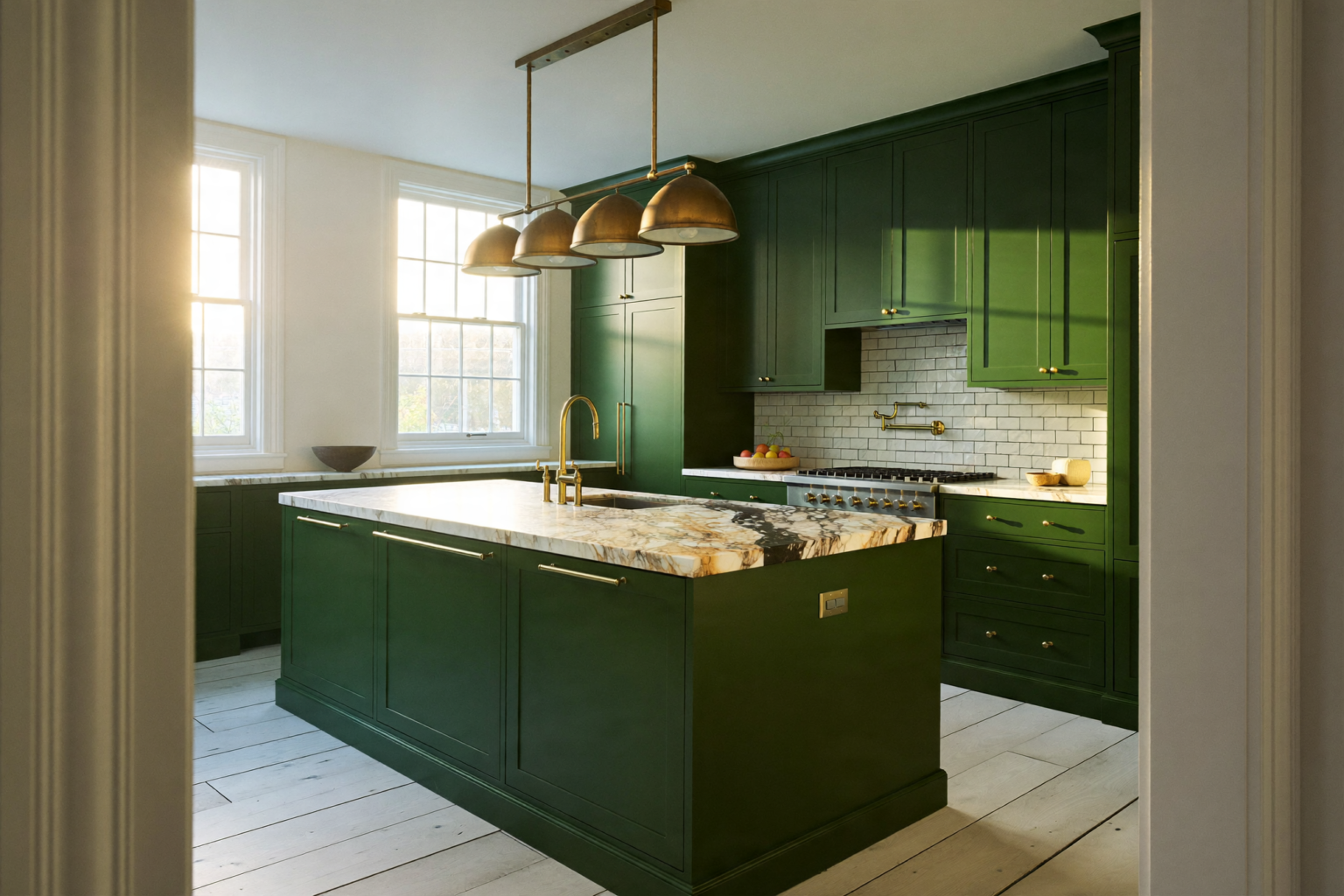 deep green kitchen manhattan apartment custom millwork calacatta marble
