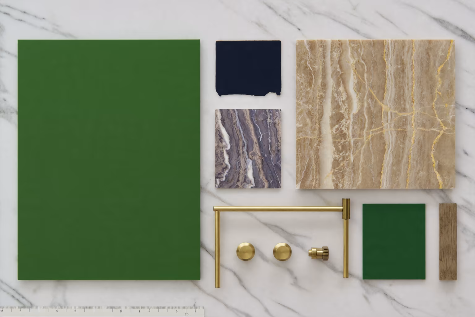 Kitchen color palette Manhattan 2026 deep green navy brass marble material board