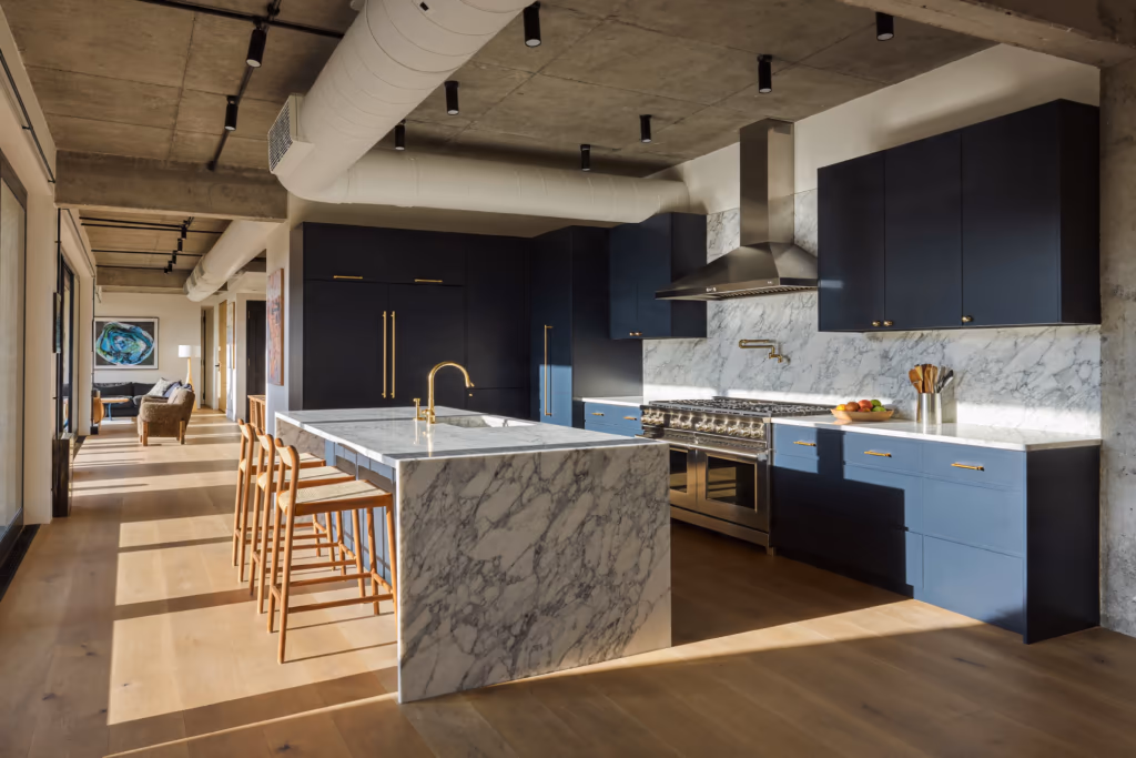 Midnight navy kitchen Tribeca loft Manhattan luxury renovation custom millwork