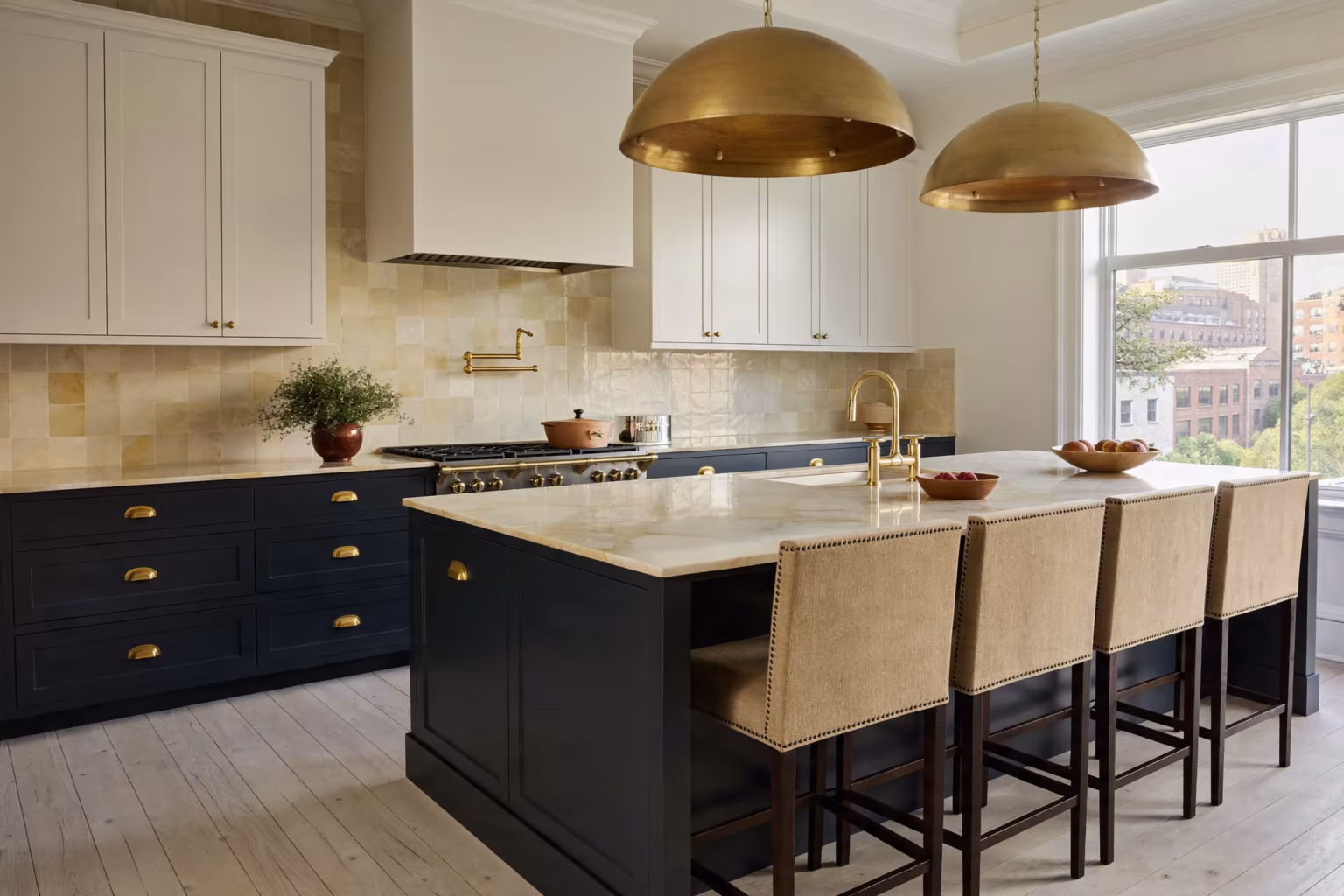 Navy blue kitchen island Manhattan luxury renovation quartzite countertop