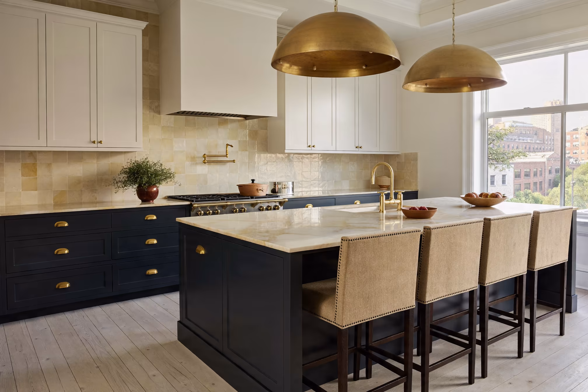 navy blue kitchen island manhattan luxury renovation quartzite countertop