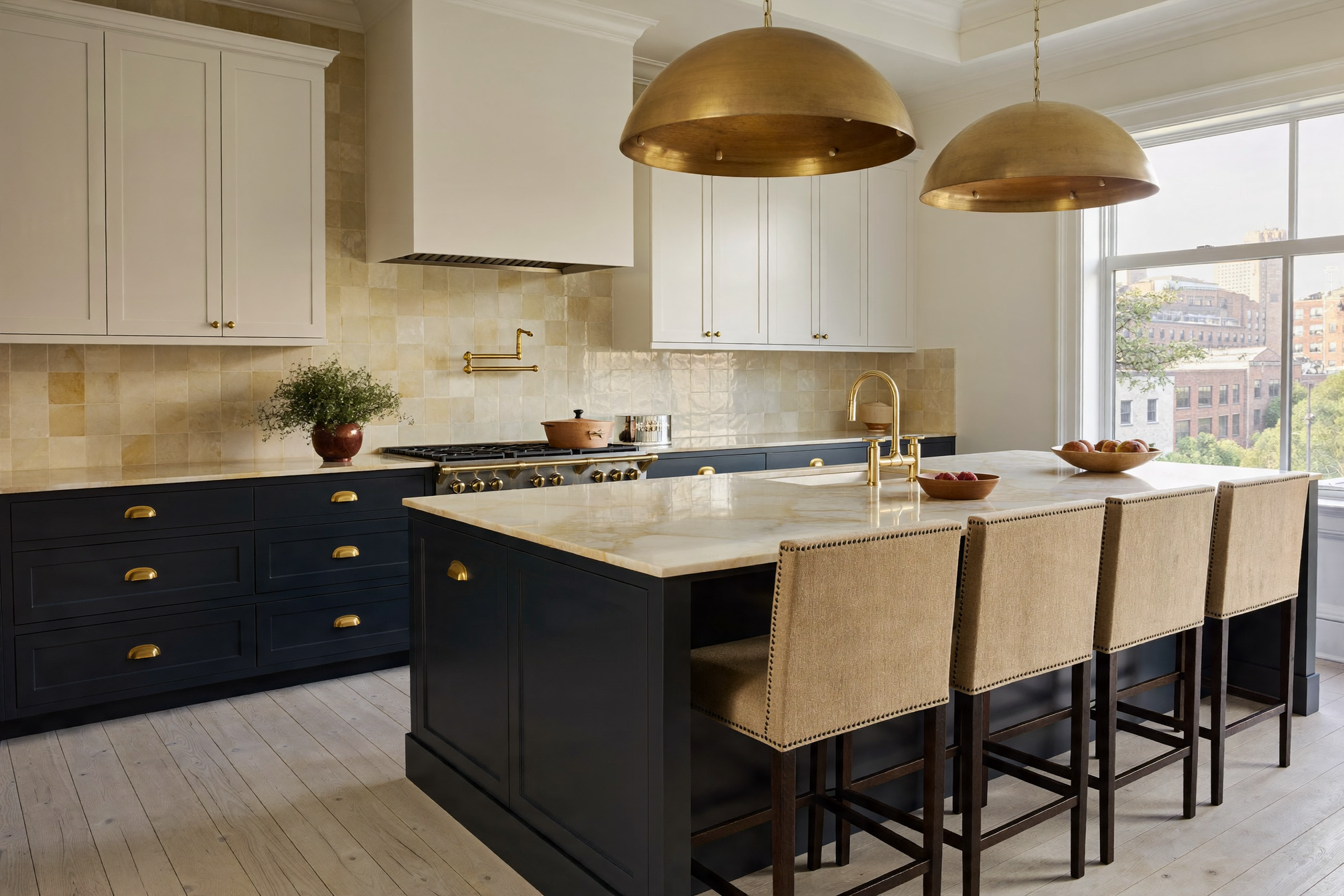 navy blue kitchen island manhattan luxury renovation quartzite countertop
